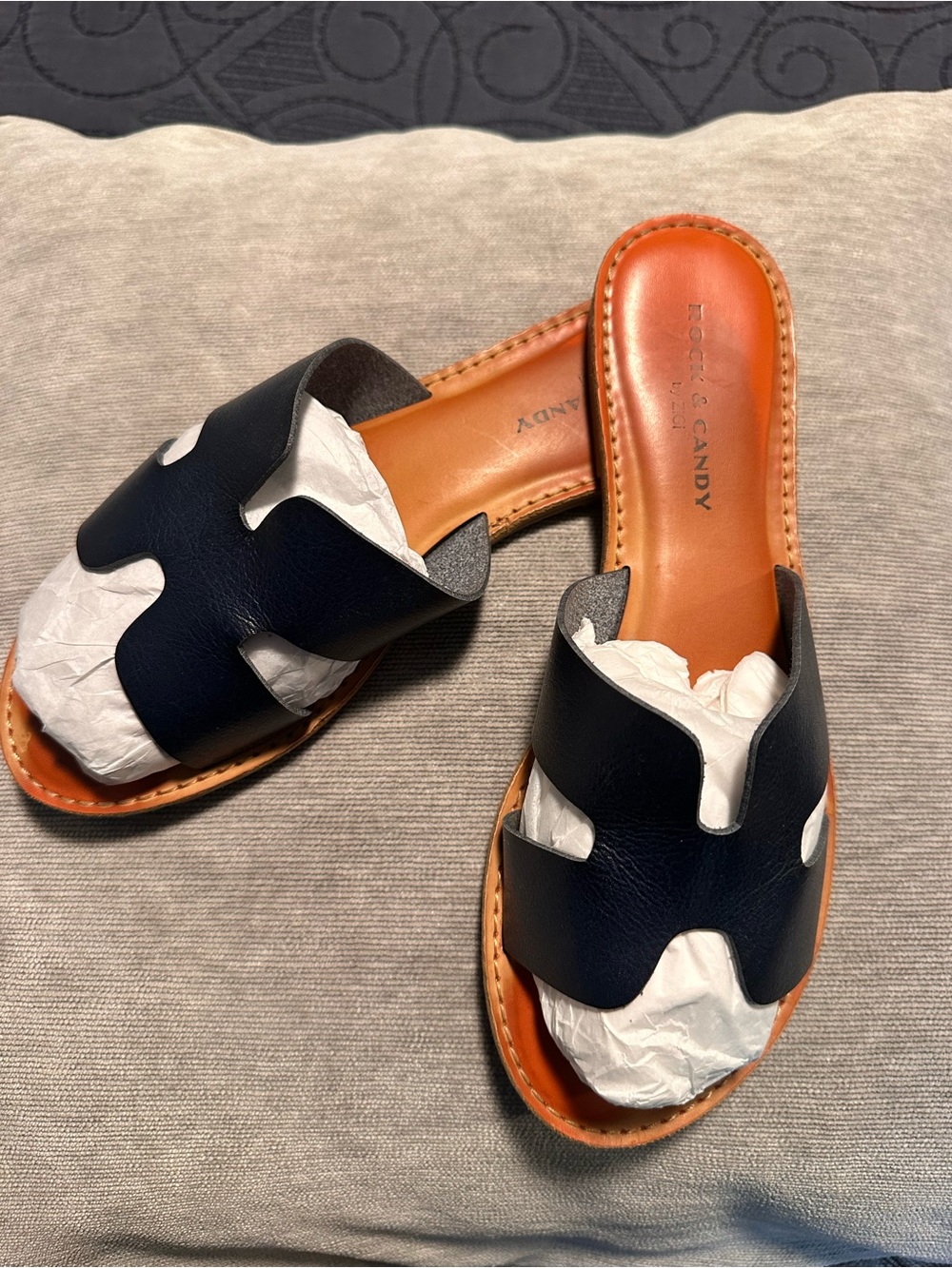 Navy Leather Slide Sandals